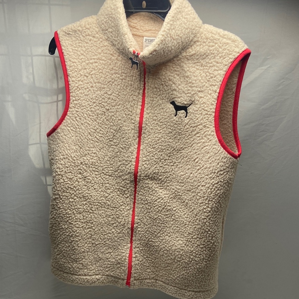PINK Victoria's Secret Cream Sherpa Vest with Pink Trim